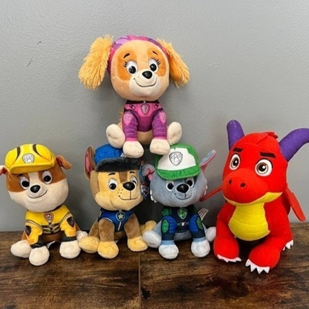 Paw Patrol Plush Lot 5 Skye Chase Rocky Rubble Rescue Knights Dragon Spin Master